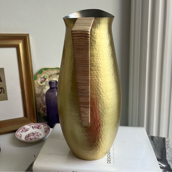 Anthropologie Hearthside Hammered Brass Tone Rattan Handle Pitcher Jug - Picture 3 of 10